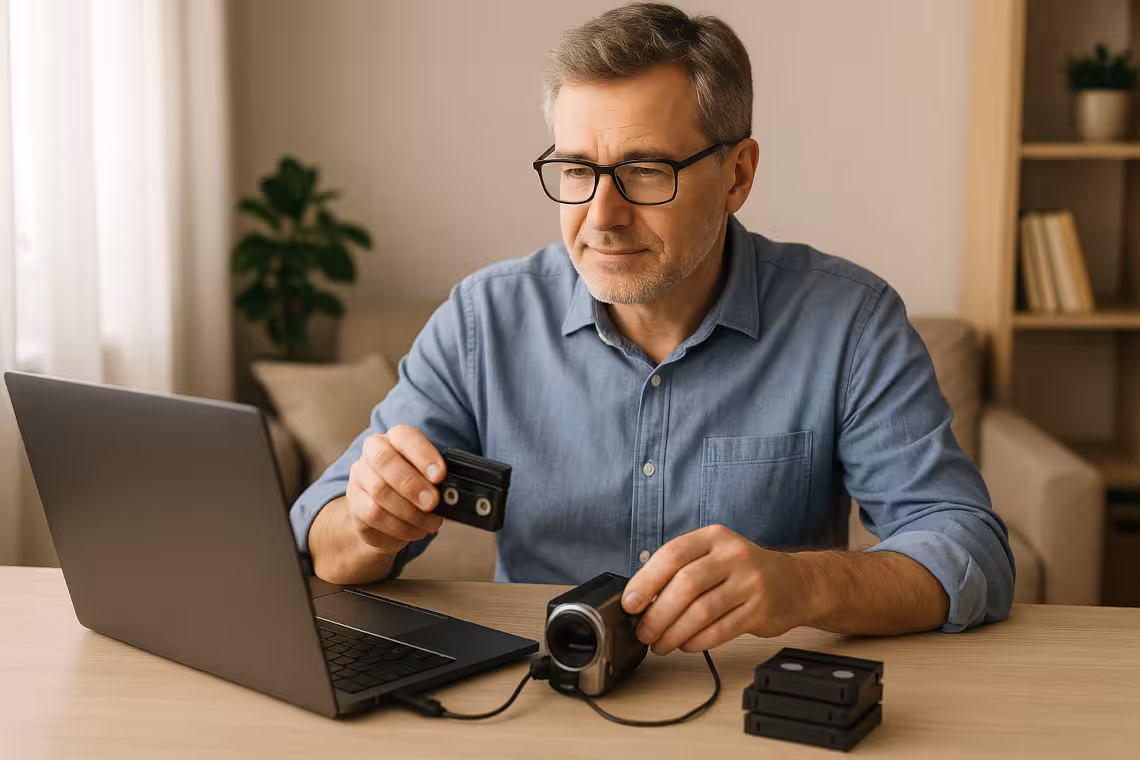 Homme qui numérise ses cassettes mini DV