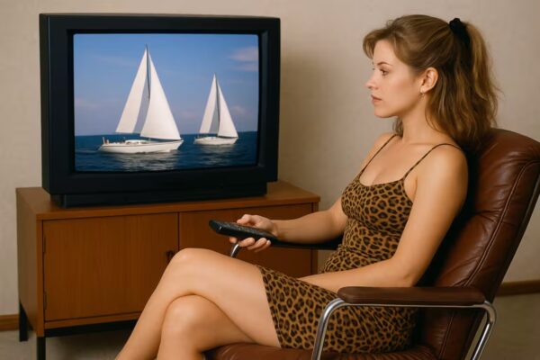 Jeune ménagère regarde des voiliers sur une TV CRT