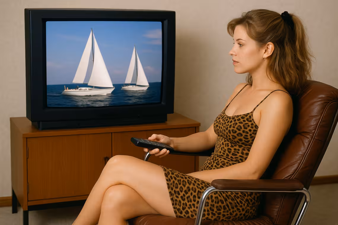 Jeune ménagère regarde des voiliers sur une TV CRT